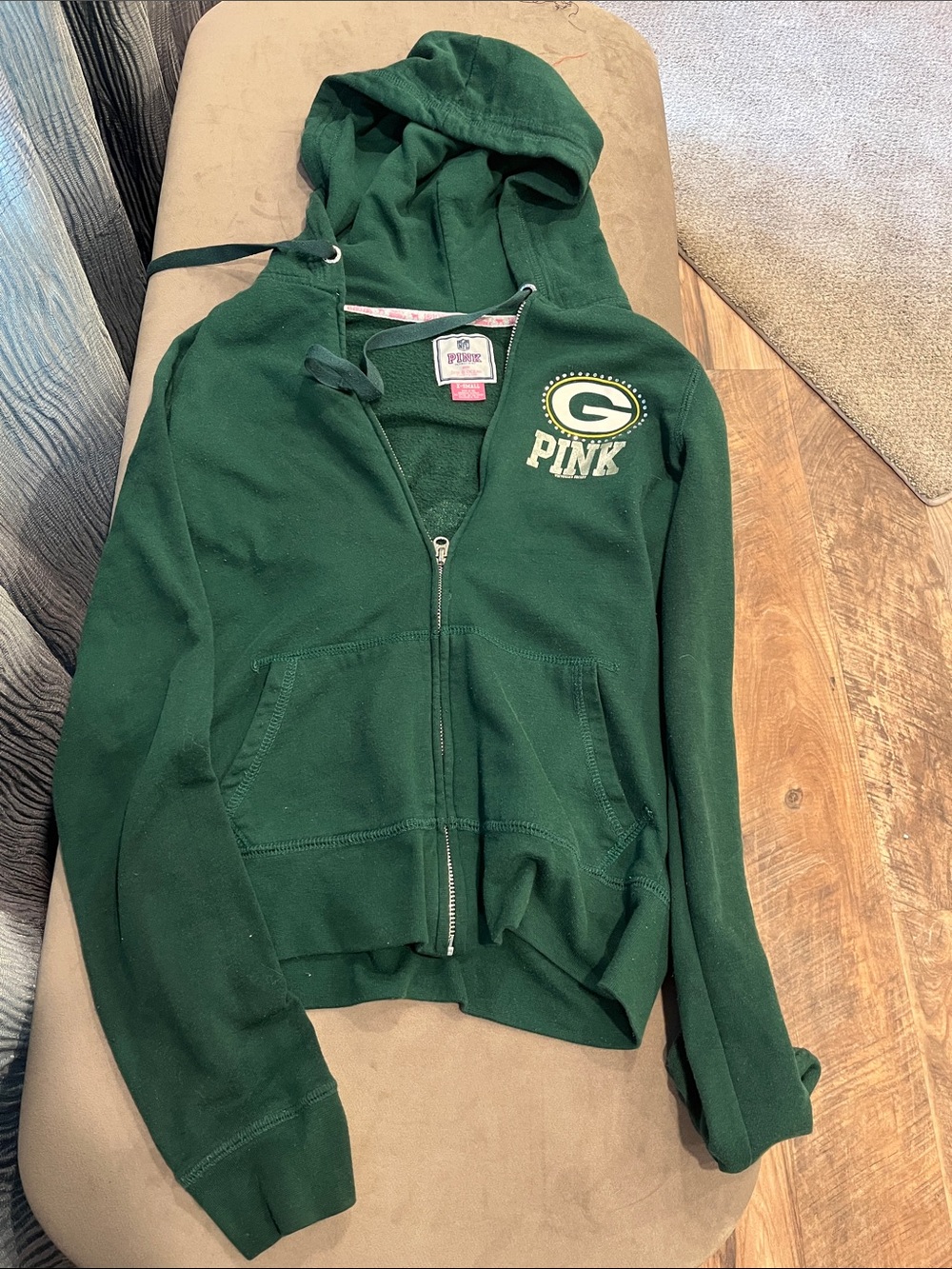 PINK Victoria's Secret Green Bay Pa Dark Green Full-Zip Hoodie with Rhinestones